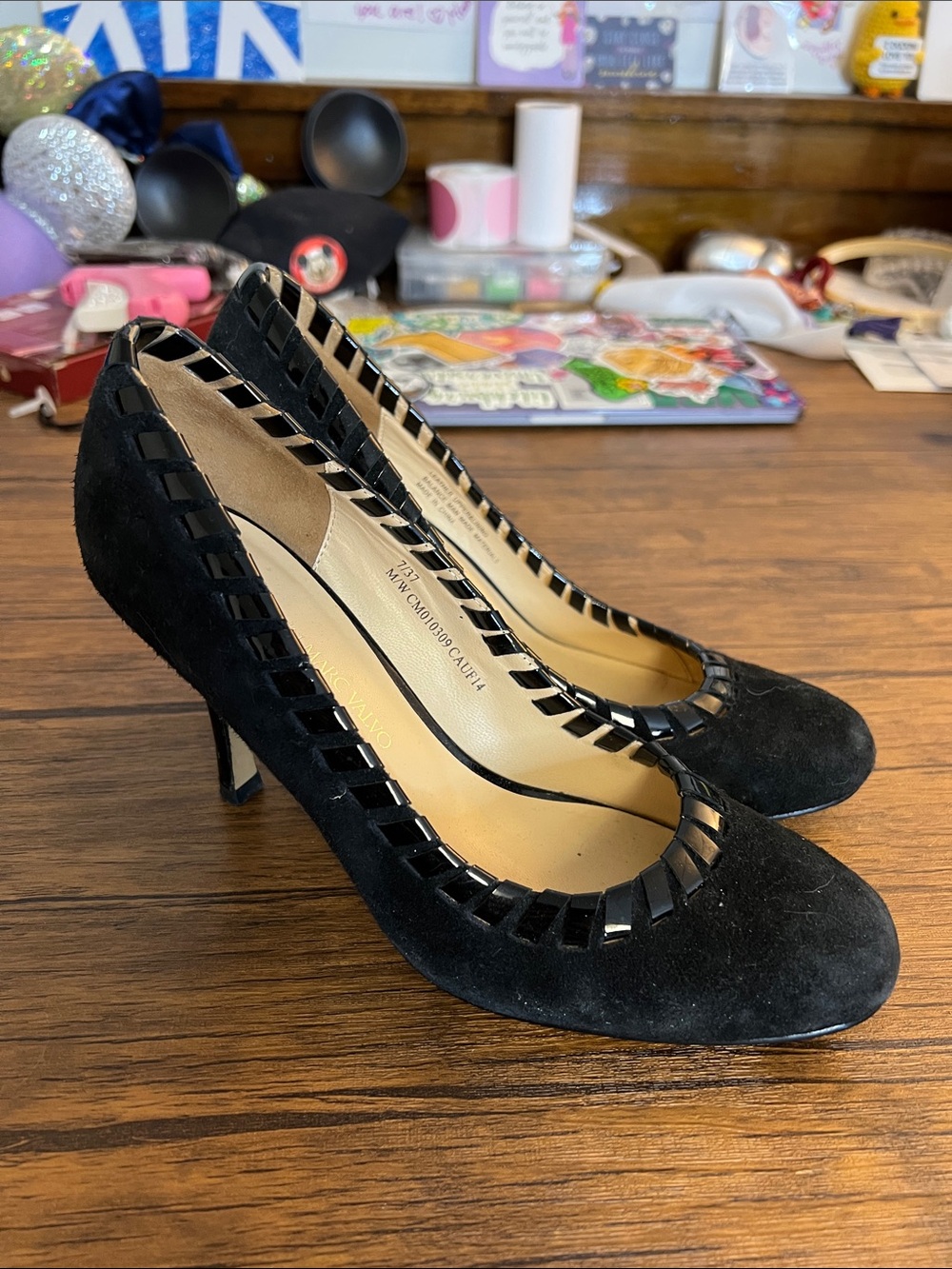 Carmen Marc Valvo Black Suede Pumps with Gloss Trim- 7